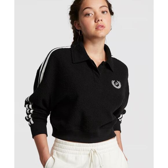 Victoria’s Secret Cropped Black Collared Pullover, White Stripes, Crest, Medium - Picture 1 of 9